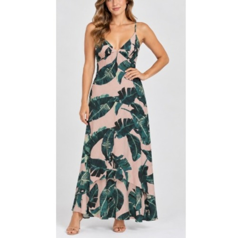 SugarLips Women Pink Tropical Palm Print V-Neck High Low Maxi Dress Size M